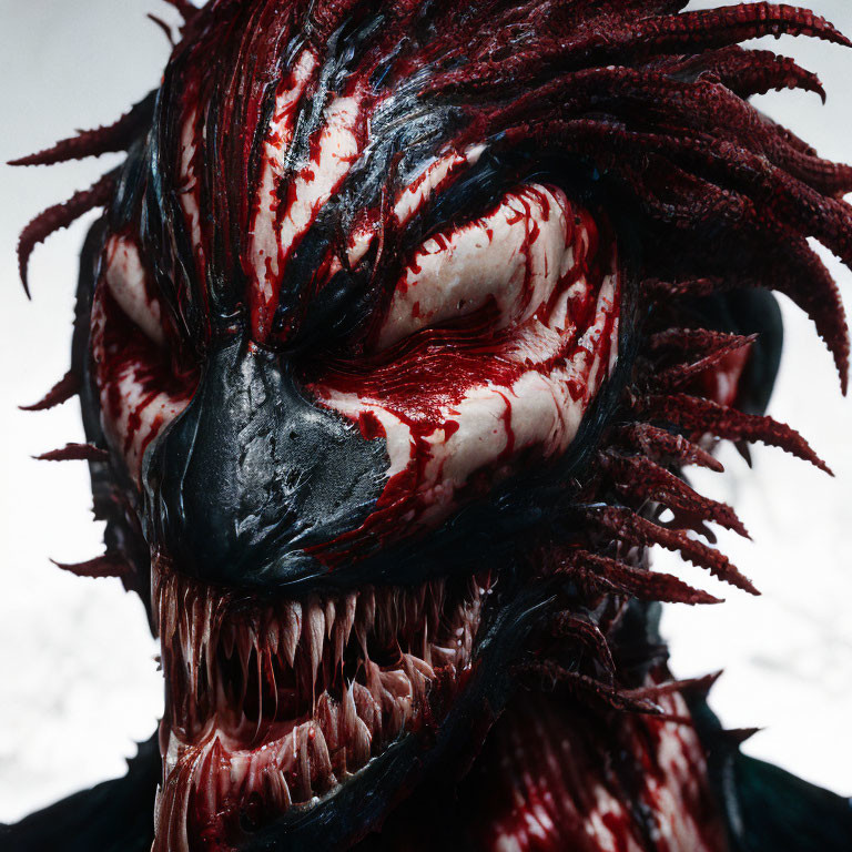 Menacing creature with sharp teeth and black mask, red and black tendrils, splattered in red