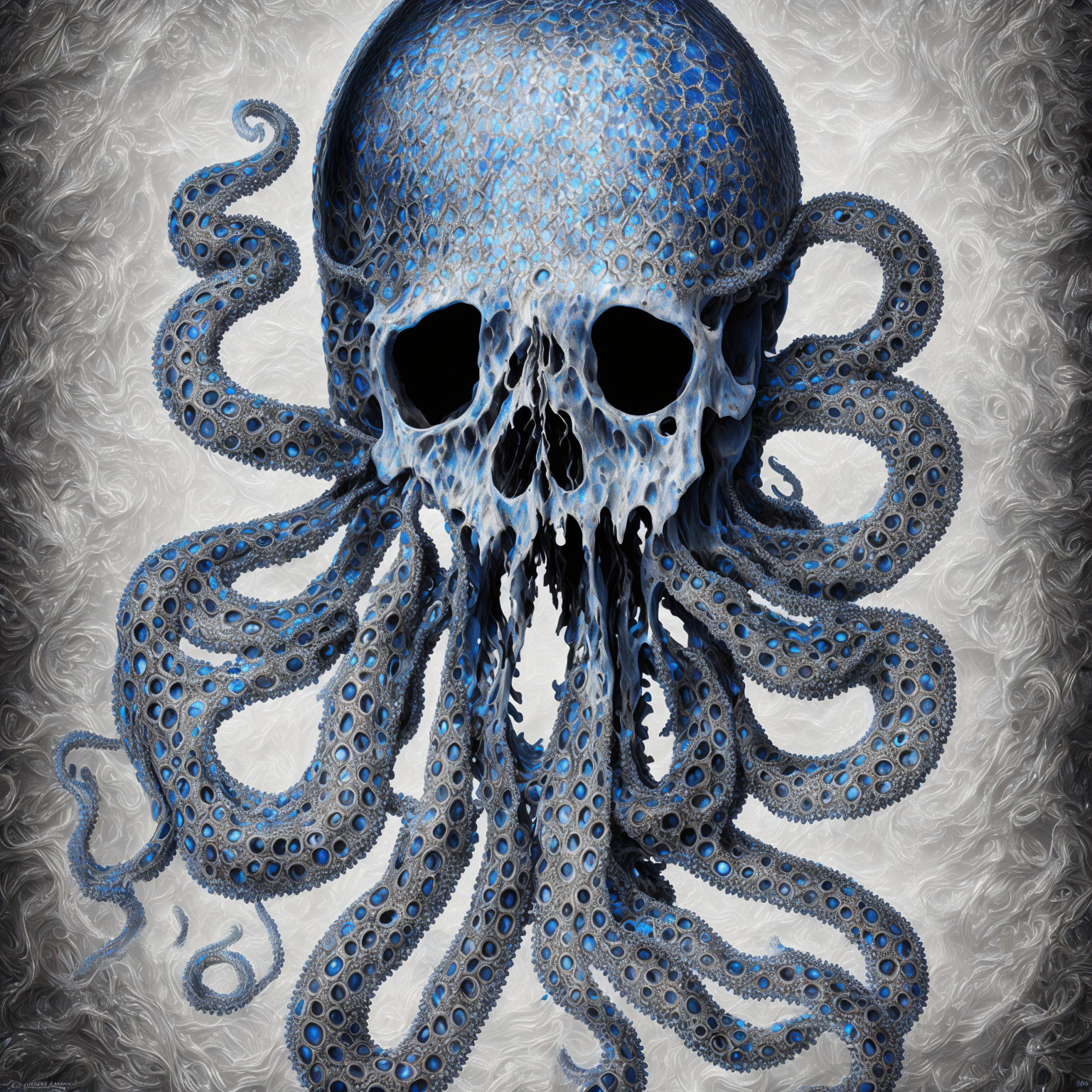 Blue skull with octopus tentacles on grey background.