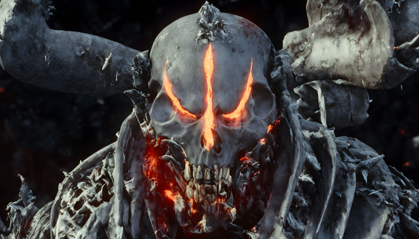 Menacing skull with glowing red eyes on dark background with skeletal forms