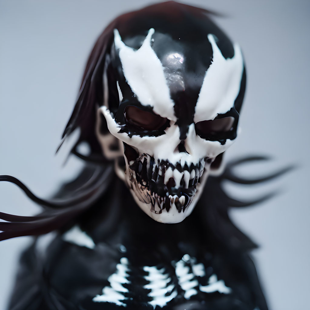 Detailed black and white skull-like face with dark flowing hair.