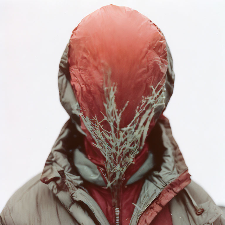 Red hooded jacket with leaf pattern overlaying face portrait