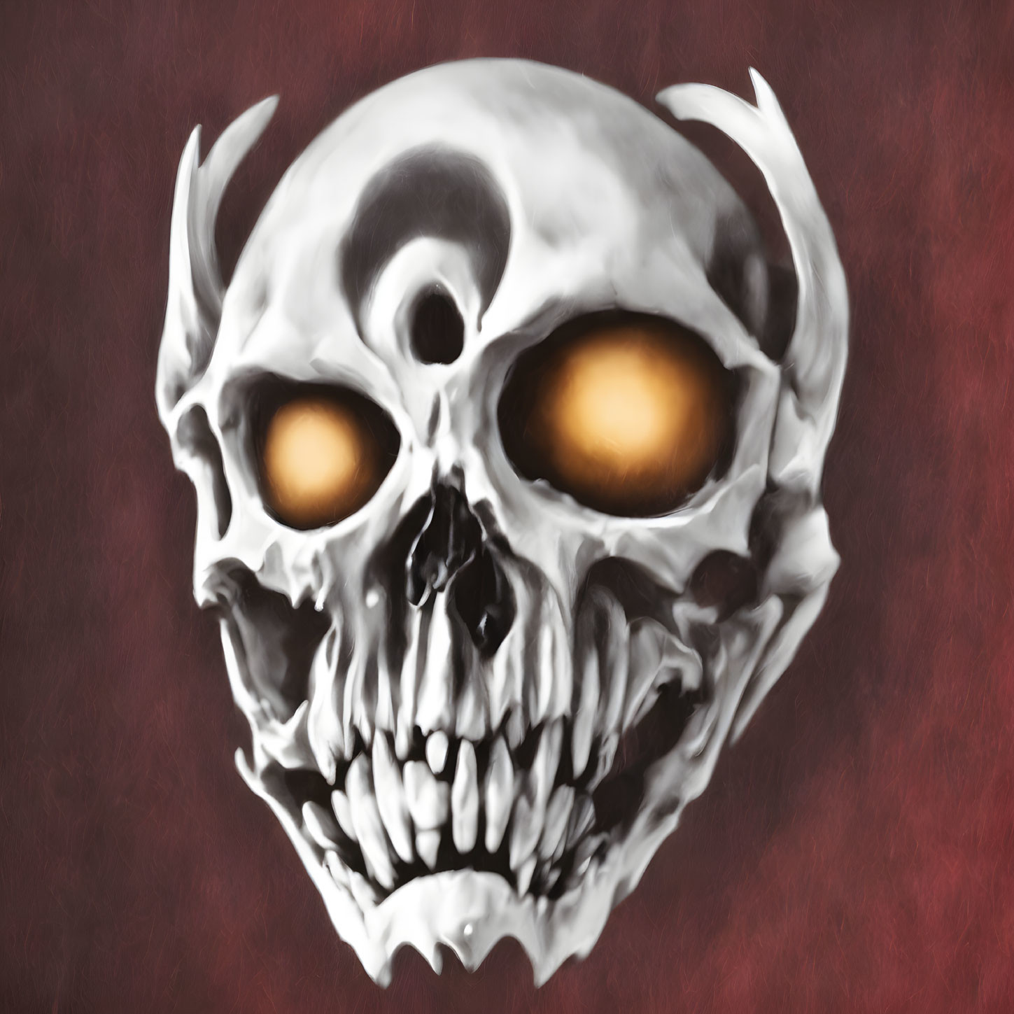 Skull with Golden Eyes and Fangs on Burgundy Background