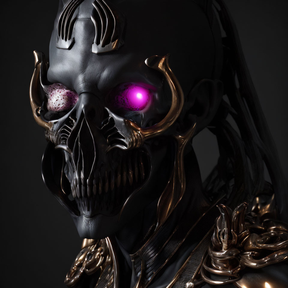 Detailed Stylized Skull Mask with Metallic Horns and Glowing Purple Eye