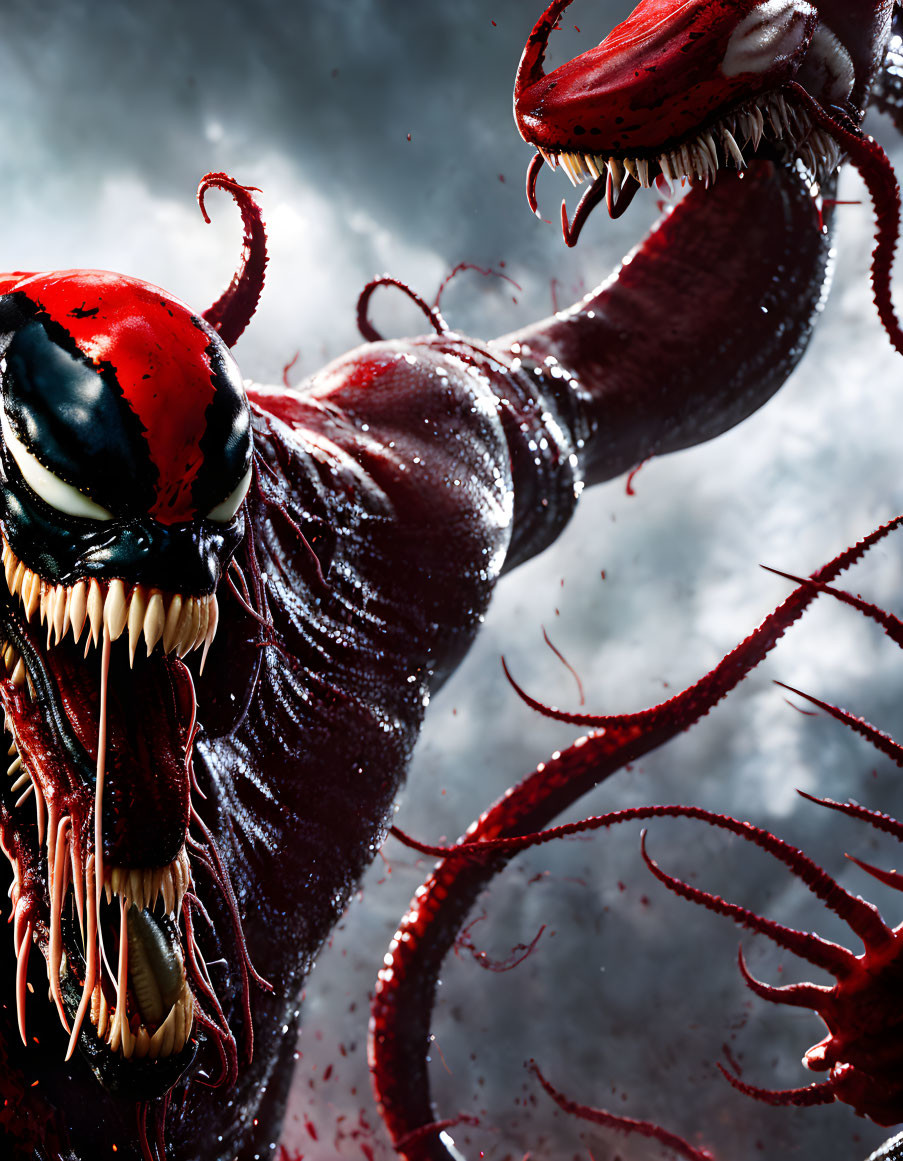 Marvel character close-up with open mouth and sharp teeth, tendrils on cloudy background