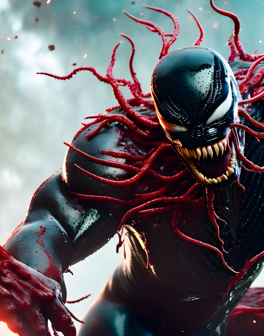 Detailed Close-Up of Venom with Sharp Teeth and Symbiote Tendrils