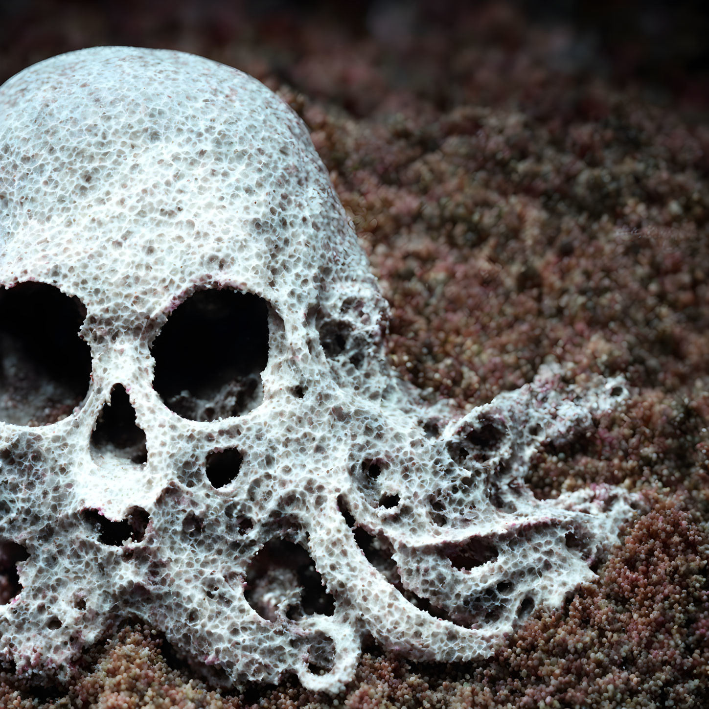 Skull-shaped sea sponge with intricate porous texture on granular seabed