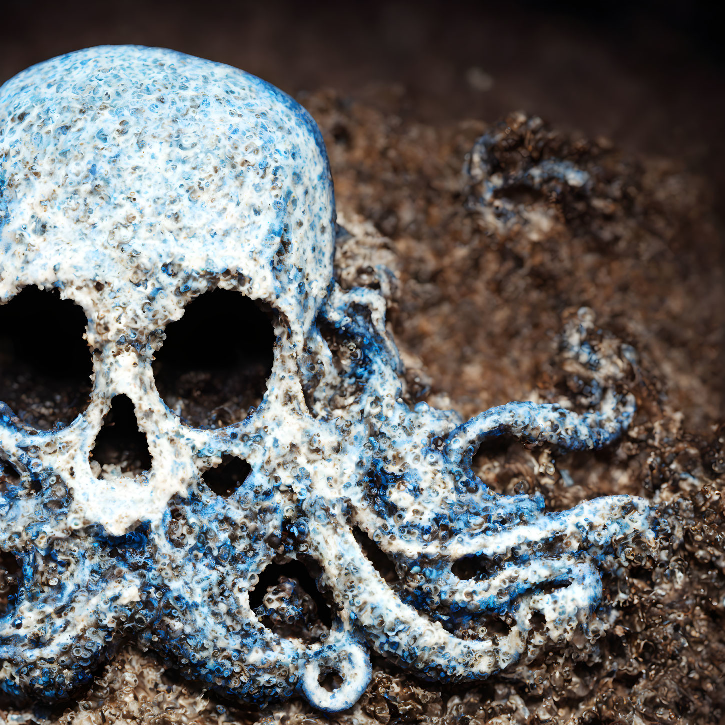 Blue and White Textured Skull with Octopus Tentacles Emerging from Dark Soil