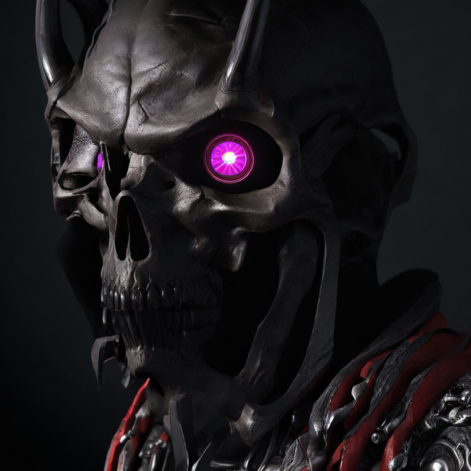 Menacing skull with horns and purple glowing eye on dark background