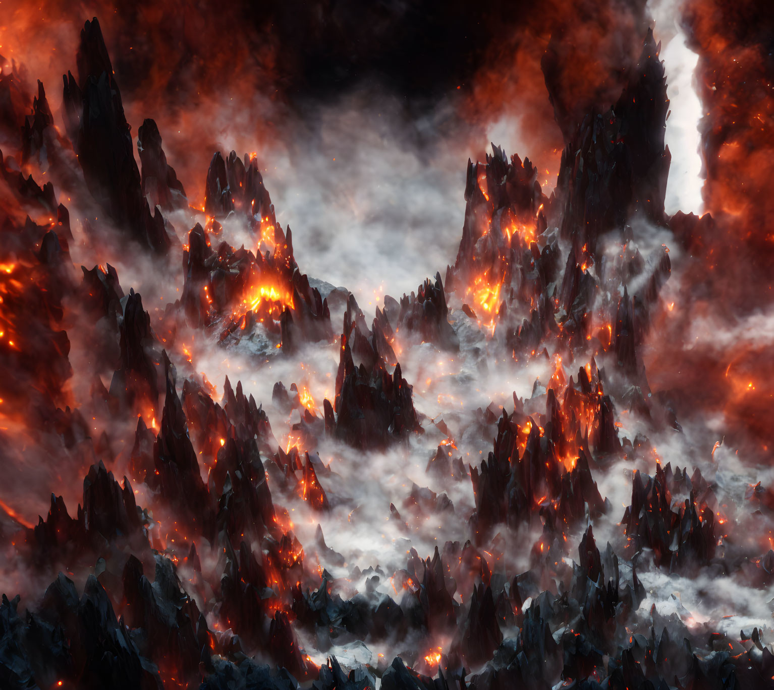 Fiery hellscape with jagged mountains and molten lava flows