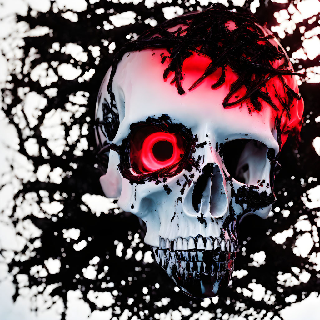 Skull with Glowing Red Eye and Liquid Texture on Black and White Background