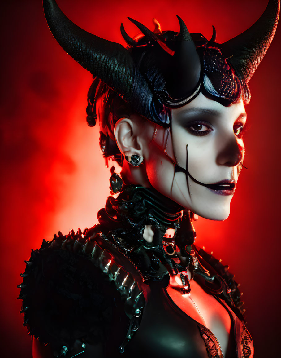 Gothic costume with horns and intense gaze under red lighting