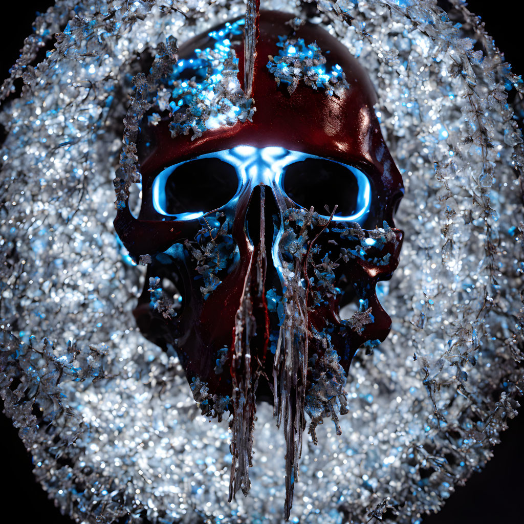 Blue-eyed skull with red crown surrounded by frosty crystals on dark background