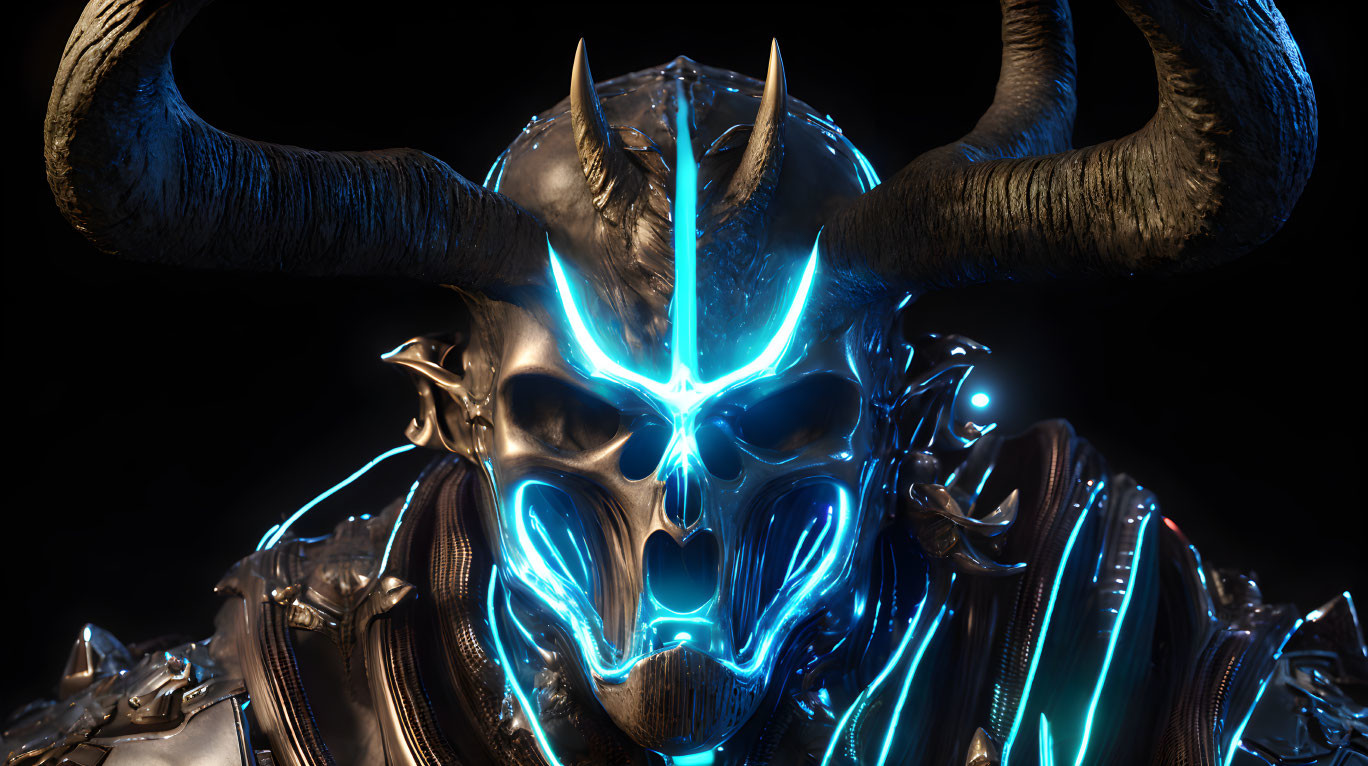 Sinister character with glowing blue neon lines on skull-like face and horns