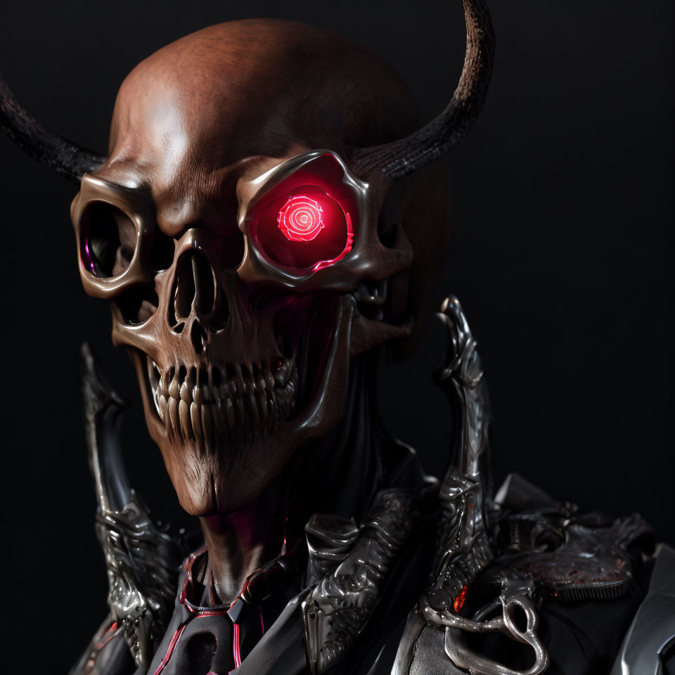 Cybernetic skull with red glowing eye, horns, and futuristic armor on dark background