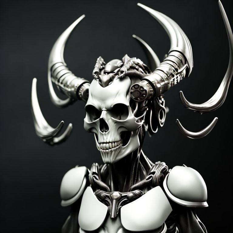 Stylized metallic skull with long curved horns and mechanical details on dark background