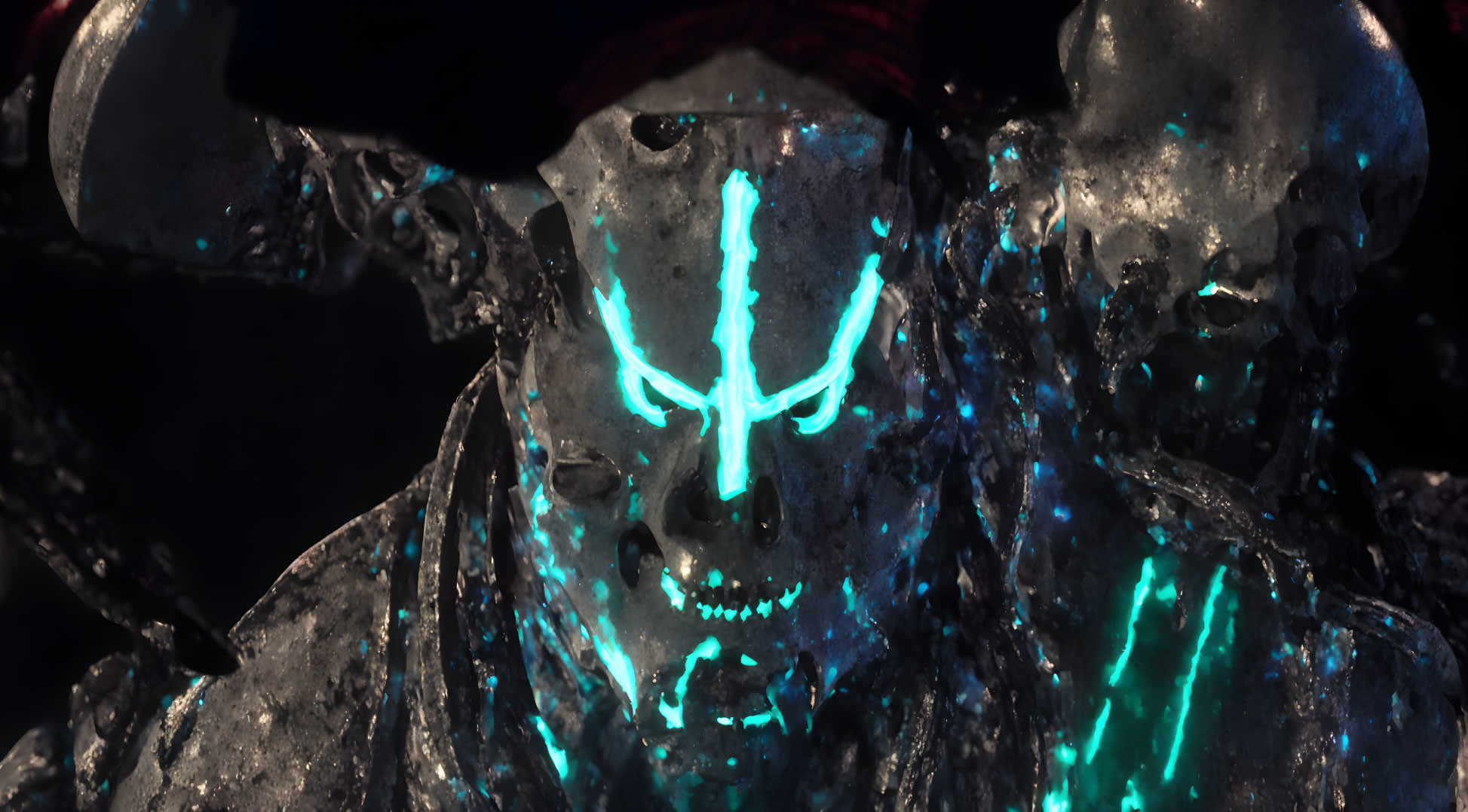 Menacing figure with glowing blue neon skeleton outline on dark background