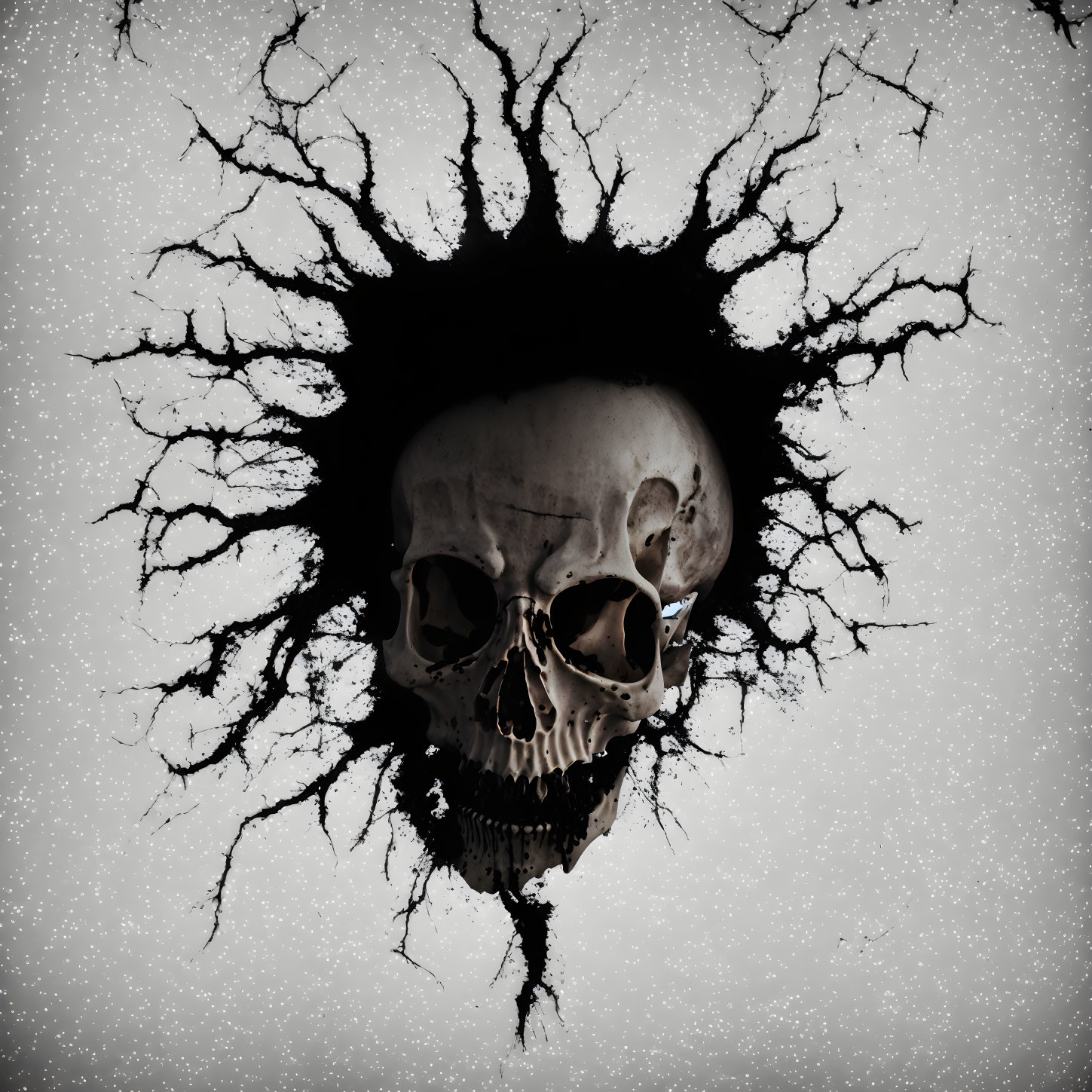 Skull surrounded by dark, branch-like patterns on light background