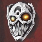 Skull with Golden Eyes and Fangs on Burgundy Background