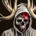 Skull-faced figure with red eye and branch crown on black background