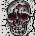 Dark grungy human skull illustration with glowing red cracks on ink-splattered backdrop