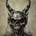 Glowing red-eyed metallic skull with dark horns and textured neckpiece