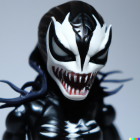 Black Suit with White Spider Symbol and Menacing Smile on Dark Background