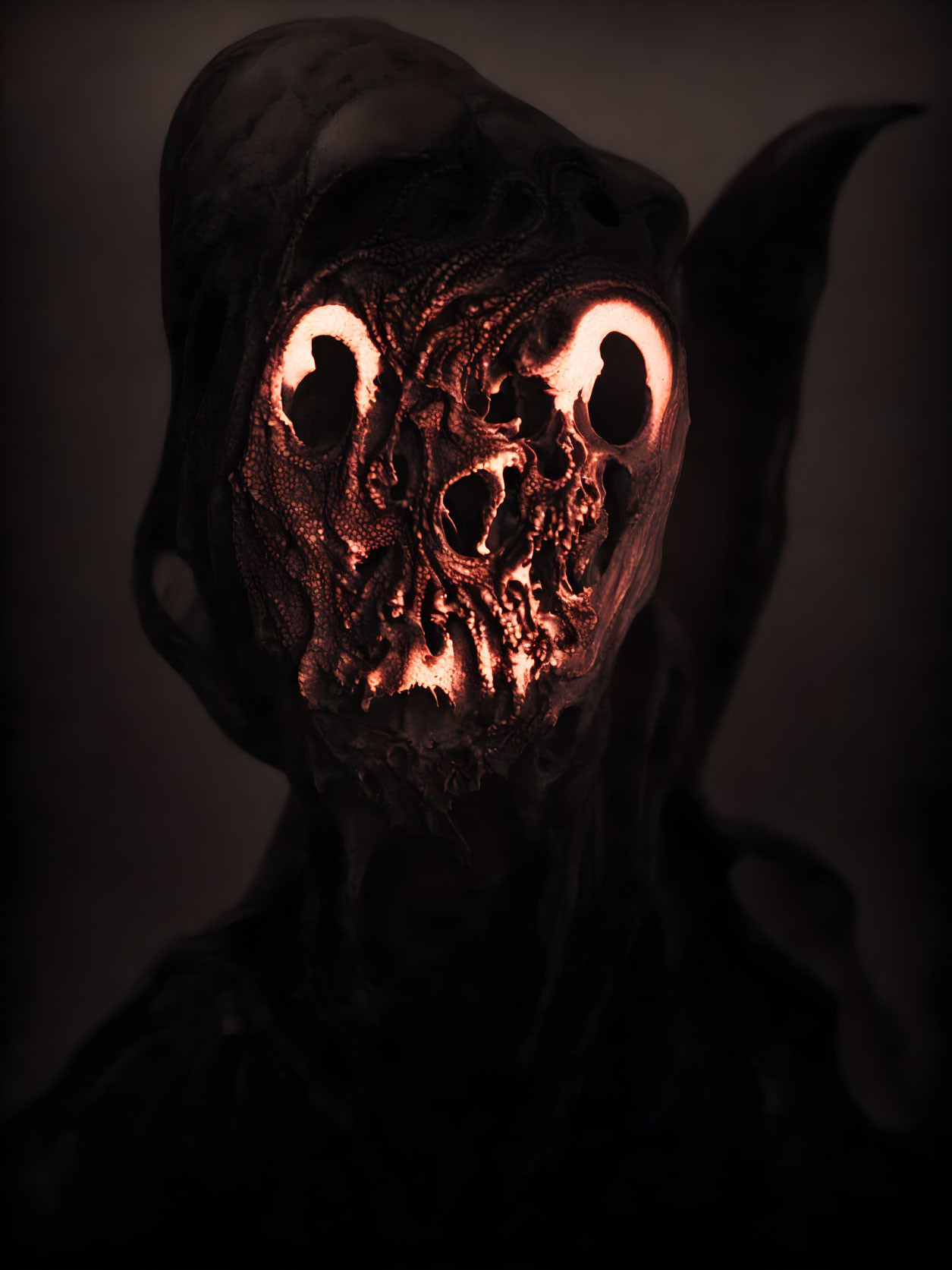 Creepy textured mask with glowing eyes and horn on dark background