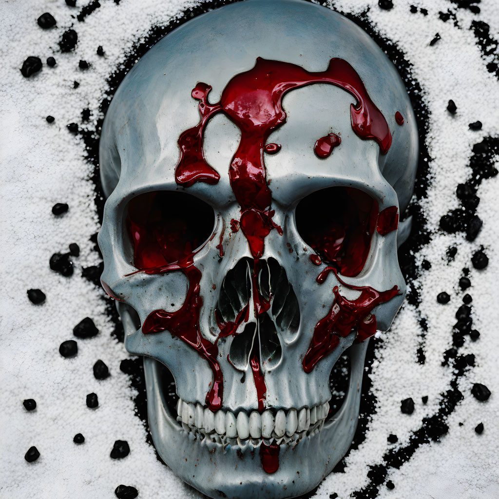 Human skull with red liquid on white background.