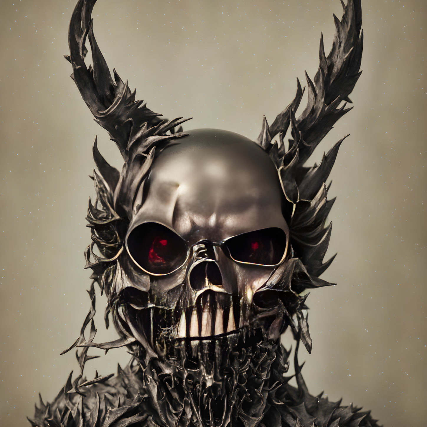 Glowing red-eyed metallic skull with dark horns and textured neckpiece