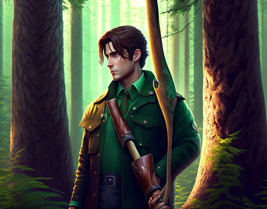 Digital illustration of man in green ranger uniform with rifle in forest.