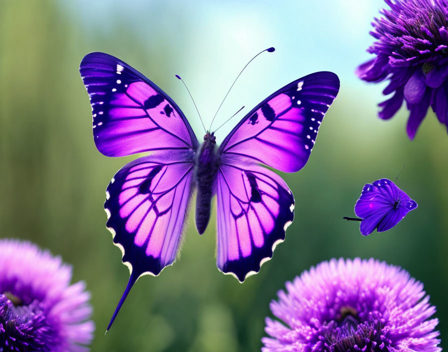 Intricate Purple Butterfly with Flowers and Companion Butterfly