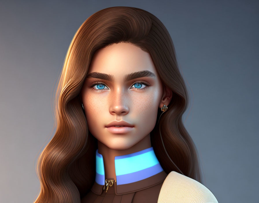 Digital portrait of a woman with deep blue eyes and futuristic attire