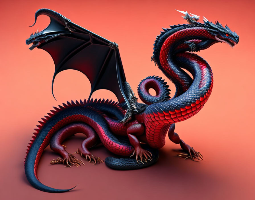 Dual-headed red and black dragon in 3D with sharp scales and horns, expansive wings, set