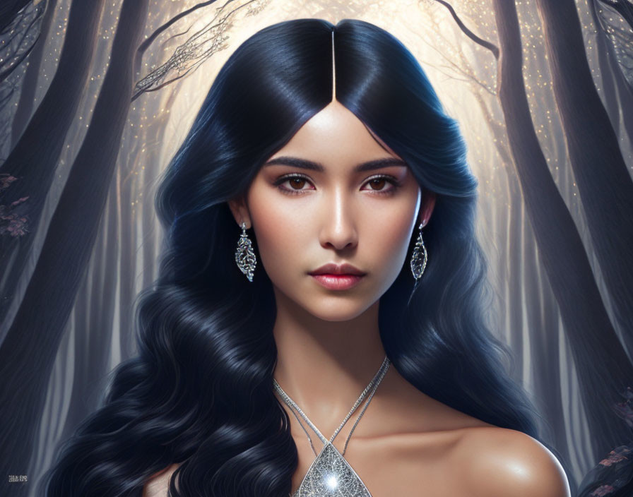 Portrait of a woman with dark hair, striking eyes, and ornate earrings in a forest setting