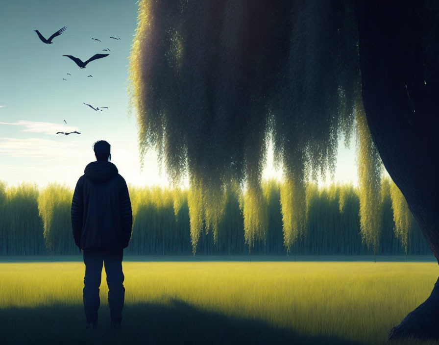 Person in jacket gazes at willow tree in serene field at twilight