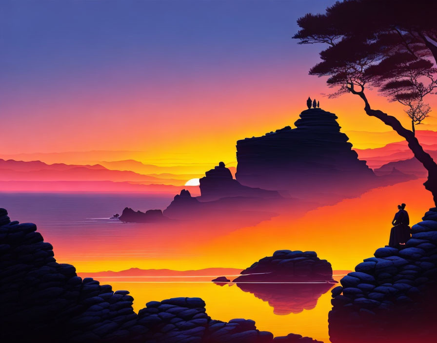 Colorful sunset with silhouetted figures on rock stack and tranquil sea.