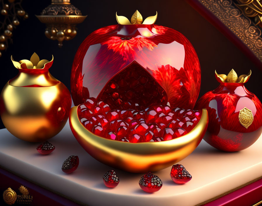 Luxurious Golden and Ruby-Red Pomegranate Artwork on Sleek Surface