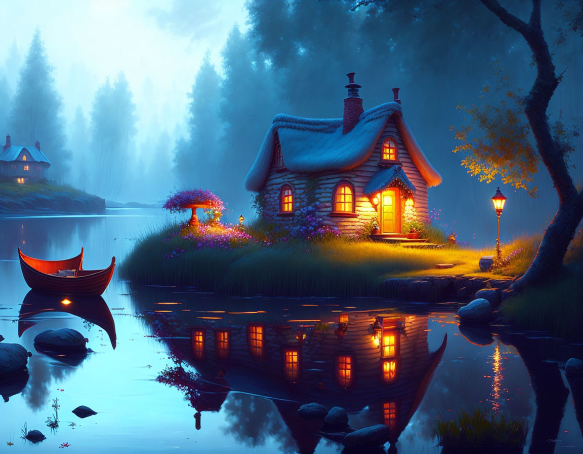 Tranquil lakeside night scene with cozy cottage, red boat, and foggy forest.