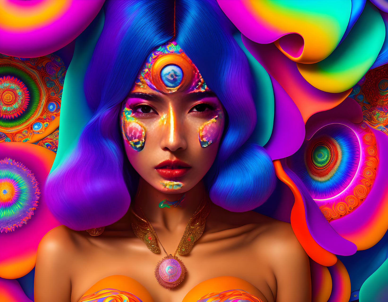 Colorful digital art portrait of woman with blue hair and kaleidoscopic patterns, surrounded by swirling