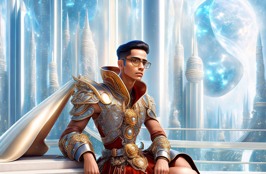 Futuristic knight in golden armor with glasses and styled hair against luminescent backdrop