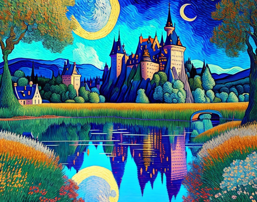 Vibrant castle artwork with spires, river, moon, and foliage