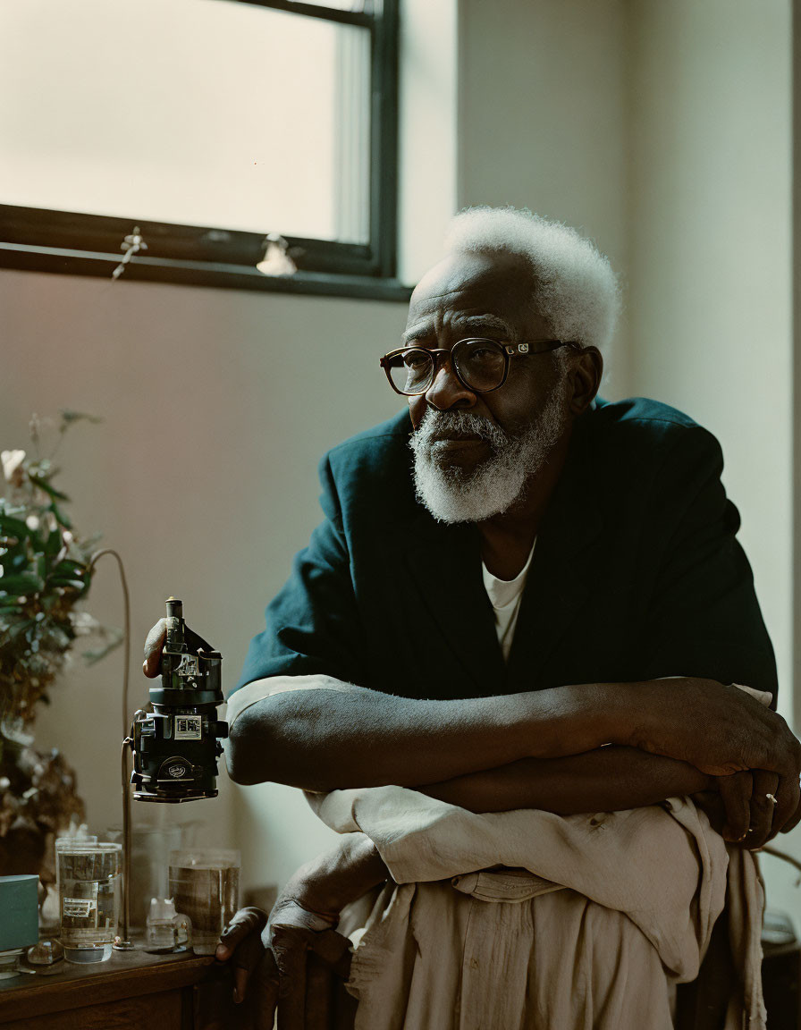 Elderly man with beard and glasses holding vintage camera indoors