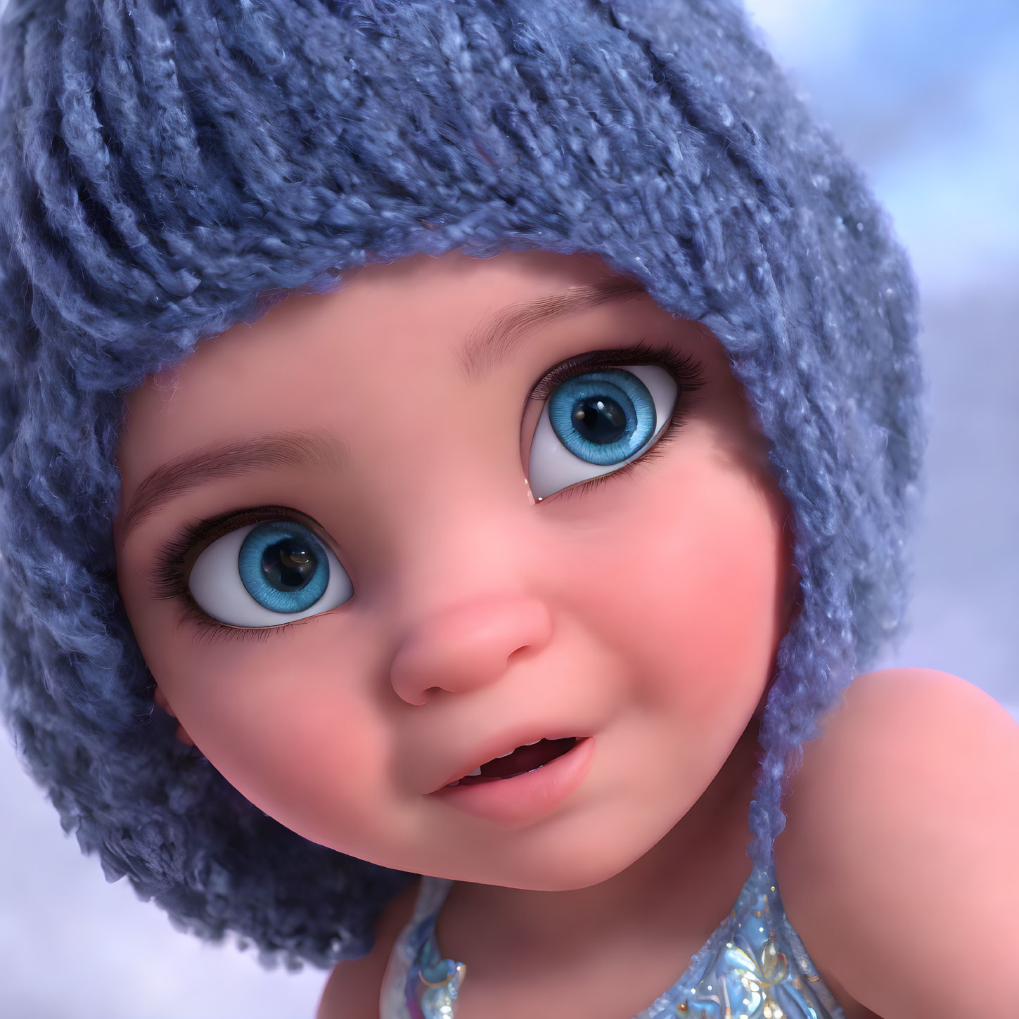 3D-animated baby with blue eyes in textured blue knitted hat