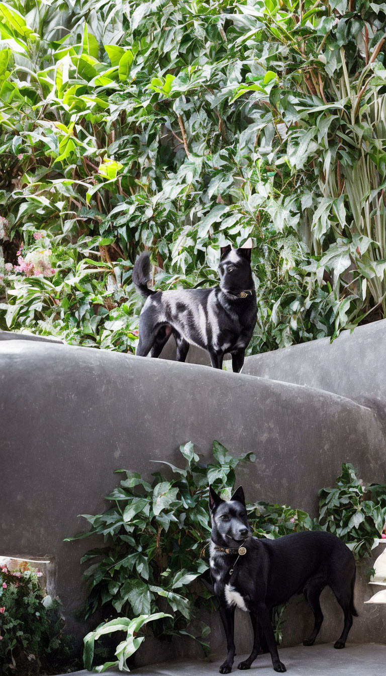 Black Cat Perched on Curved Wall with Black Dog and Green Plants