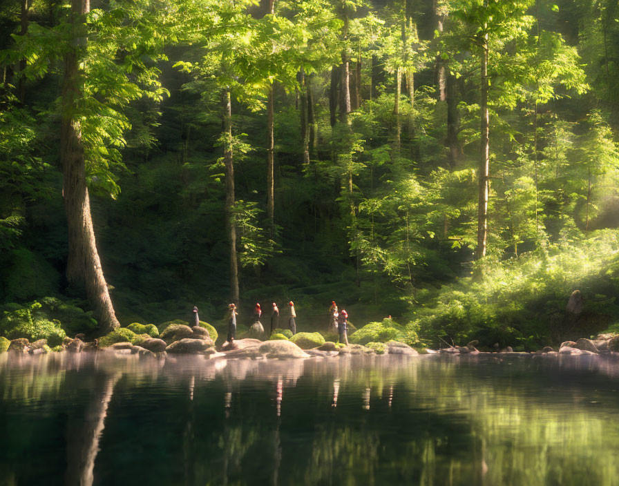 Tranquil forest lake scene with people and sunlight