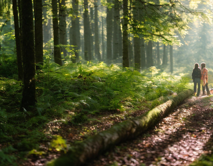 Forest Path with Two People Walking Amid Tall Trees and Ferns