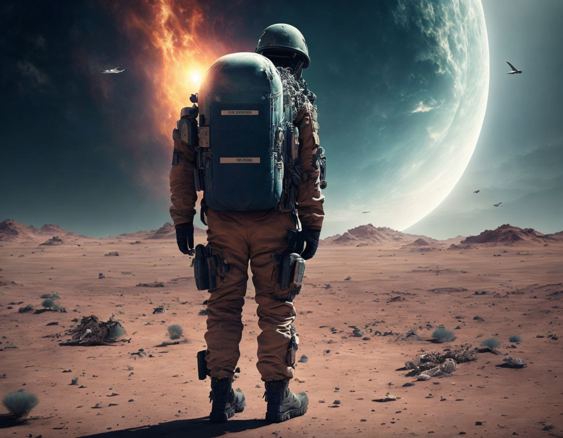 Astronaut on red Martian landscape with planet and birds in sky