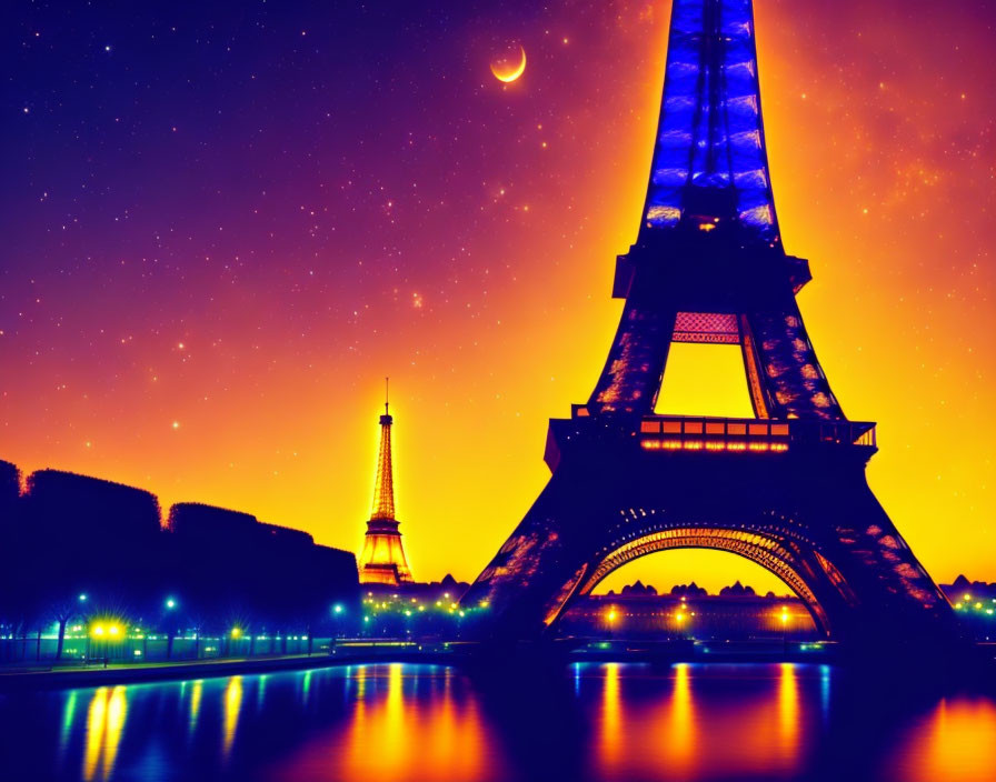 Iconic Eiffel Tower Night Illumination with Crescent Moon and Starry Sky