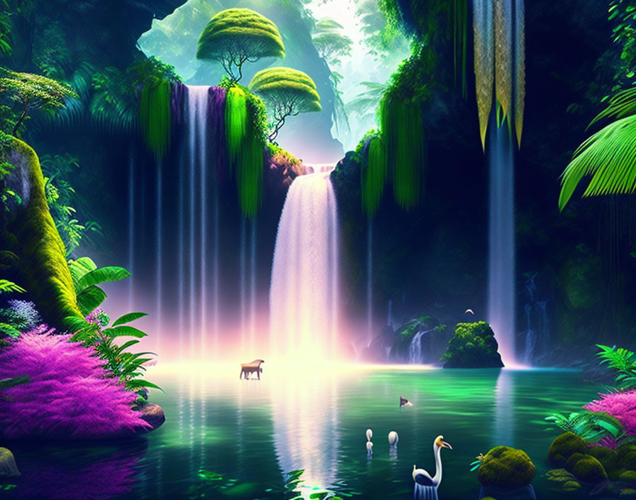 Enchanting forest with pink foliage, waterfalls, lake, swans, and deer