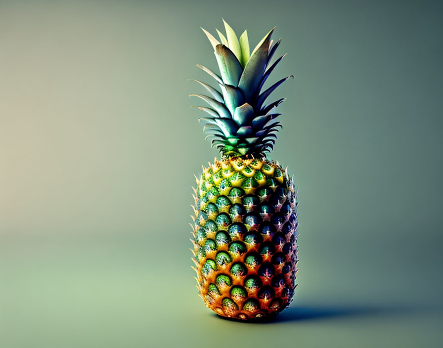 Colorful digitally rendered pineapple on textured surface against neutral background